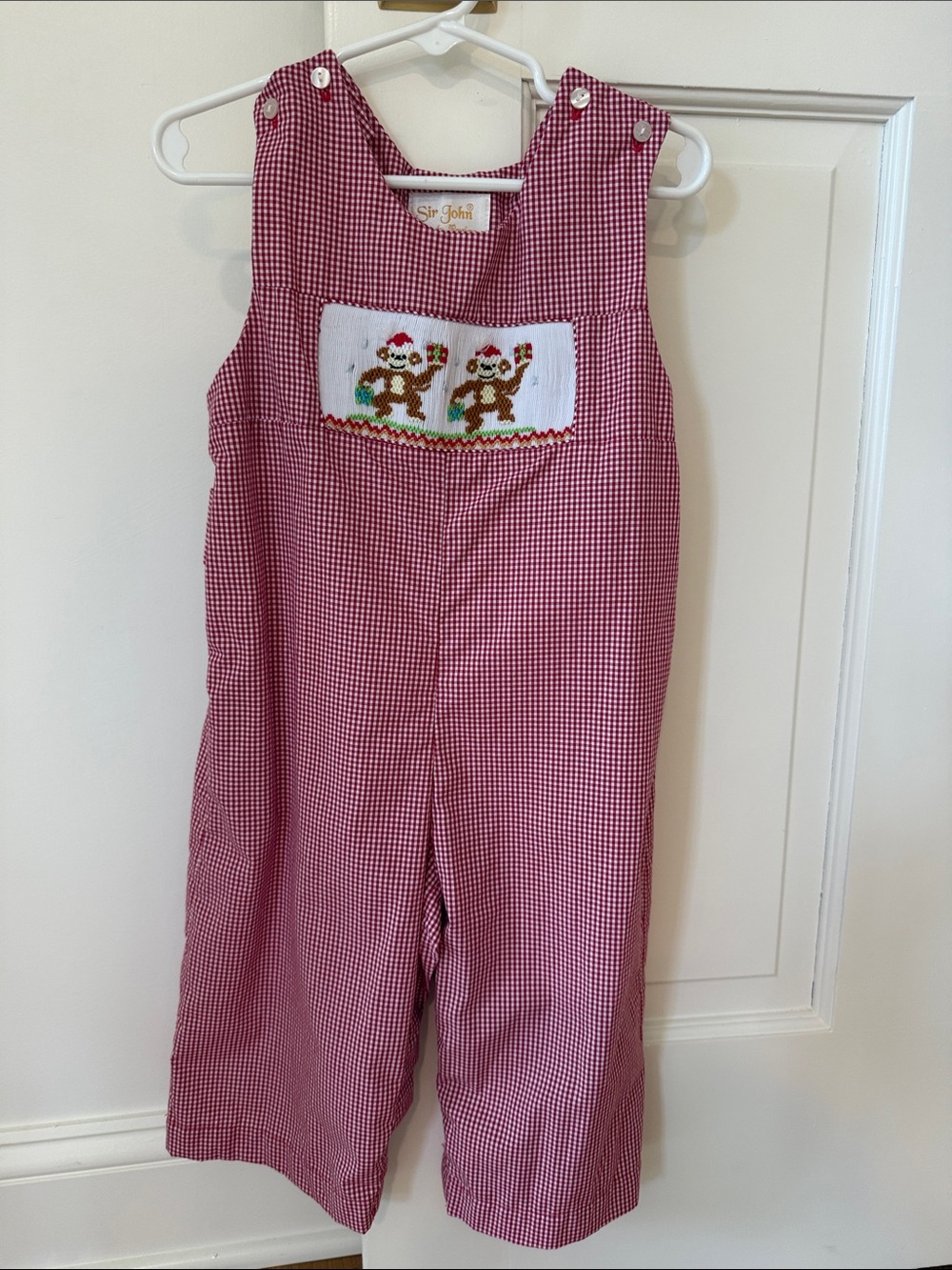 Holiday Smocked Red Gingham Kids longalls with Monkey Embroidery